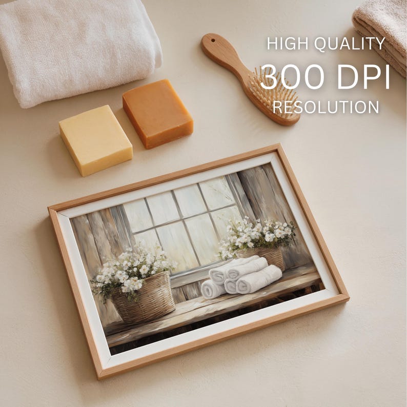 May include: A framed artwork with a window scene, white flowers, and rolled towels. Two bars of soap and a wooden brush are also present. The artwork is in a light wood frame. The text "HIGH QUALITY 300 DPI RESOLUTION" is visible.
