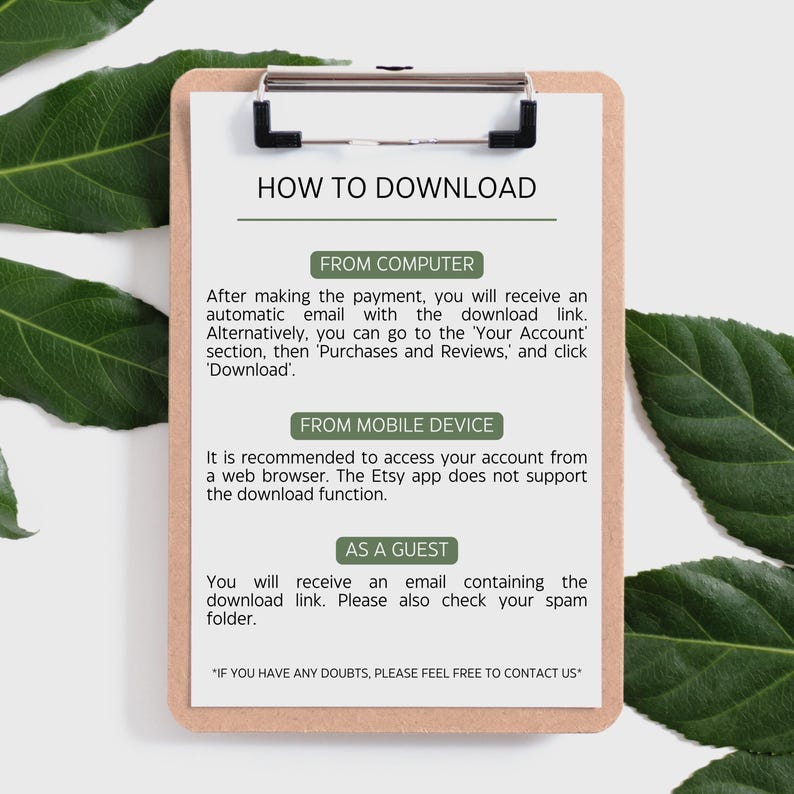 May include: A clipboard with the text "HOW TO DOWNLOAD" at the top. The instructions are divided into three sections: "FROM COMPUTER," "FROM MOBILE DEVICE," and "AS A GUEST." Green leaves frame the clipboard.