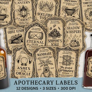 May include: Apothecary labels with vintage designs, featuring illustrations and text like "Bloodmoon Draught" and "Eternal Dusk." The labels are displayed with two glass bottles, one with a cork and the other with a black cap. The text "Apothecary Labels" is at the bottom.