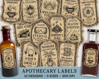 Apotheker Etiketten Set - 12 Vintage Halloween Aufkleber, Zaubererparty, Hexerei Zubehör (Digitaler Download)