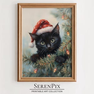 Cute Christmas Black Cat in Santa Hat, Kitten Decor, Cozy Christmas Decor, Winter Wall Decor, Holiday Decor, Cat Lover Gift, Digital Art