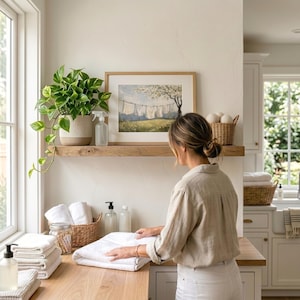 May include: A bright, airy laundry room scene. A woman folds white towels on a wooden countertop. A potted plant, framed artwork, and baskets of towels and supplies add to the room's cozy, functional aesthetic.