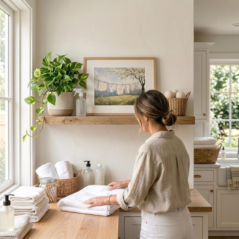 May include: A bright, airy laundry room scene. A woman folds white towels on a wooden countertop. A potted plant, framed artwork, and baskets of towels and supplies add to the room's cozy, functional aesthetic.