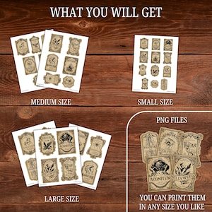 Pu&ograve; includere: Una collezione di file PNG stampabili con etichette da farmacia vintage in tre dimensioni: media, piccola e grande. Le etichette hanno uno sfondo beige con testo e illustrazioni nere. &Egrave; visibile anche il testo "WHAT YOU WILL GET" e "YOU CAN PRINT THEM IN ANY SIZE YOU LIKE".