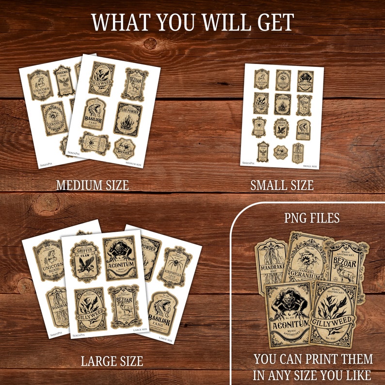 Pu&ograve; includere: Una collezione di file PNG stampabili con etichette da farmacia vintage in tre dimensioni: media, piccola e grande. Le etichette hanno uno sfondo beige con testo e illustrazioni nere. &Egrave; visibile anche il testo "WHAT YOU WILL GET" e "YOU CAN PRINT THEM IN ANY SIZE YOU LIKE".