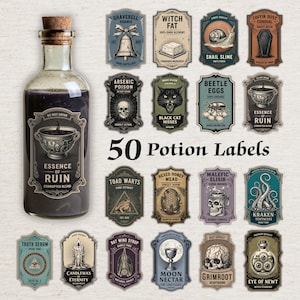 May include: A set of 50 potion labels with a vintage aesthetic. The labels showcase ingredients such as toad warts, beetle eggs, and eye of newt. A bottle of dark liquid with an "Essence of Ruin" label is also visible.