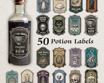 Zaubertränke Etiketten - 50 Vintage Apotheker Aufkleber, Halloween Dekore zum selbst ausdrucken, Hexerei (Digitaler Download)