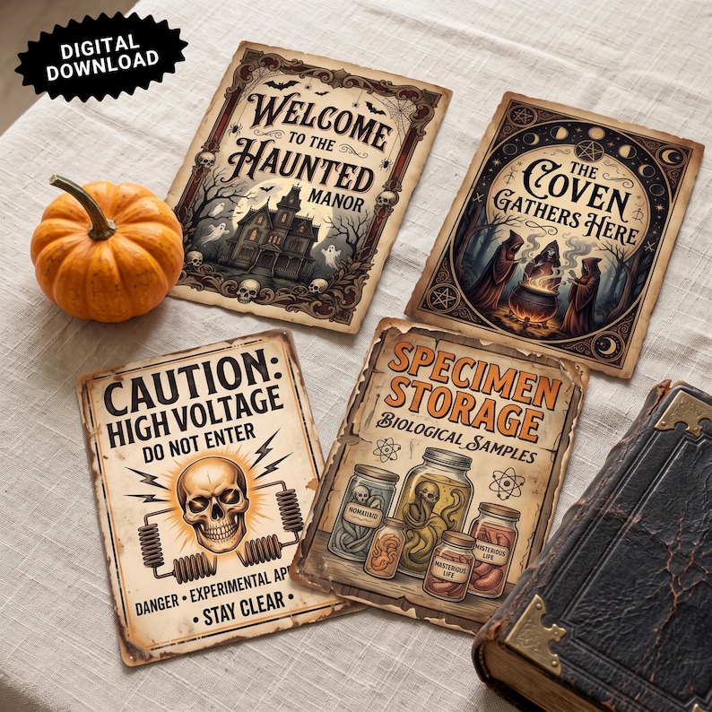 Pu&ograve; includere: Quattro cartelli rettangolari con texture di carta invecchiata che mostrano illustrazioni di un maniero infestato, una congrega attorno a un calderone, un teschio con testo ad alta tensione e barattoli di campioni. Presenti zucca e libro.