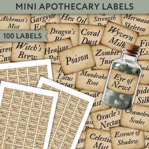 May include: Mini apothecary labels with various fantasy ingredient names like "Eye of Newt" and "Dragon's Blood." The image features a glass bottle with "Eye of Newt" on the label, surrounded by numerous vintage-style labels. The labels are printed on aged paper.