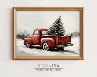 Vintage Red Truck Christmas Tree Art Print: Rustic Winter Decor (Digital Download)