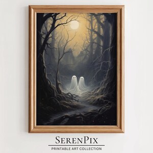 Impresión artística de fantasmas espeluznantes: Bosque de Halloween vintage (arte digital)
