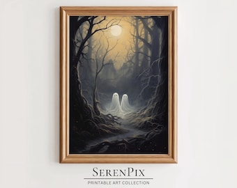 Impression d'art fantôme effrayant : forêt d'Halloween vintage (art numérique)