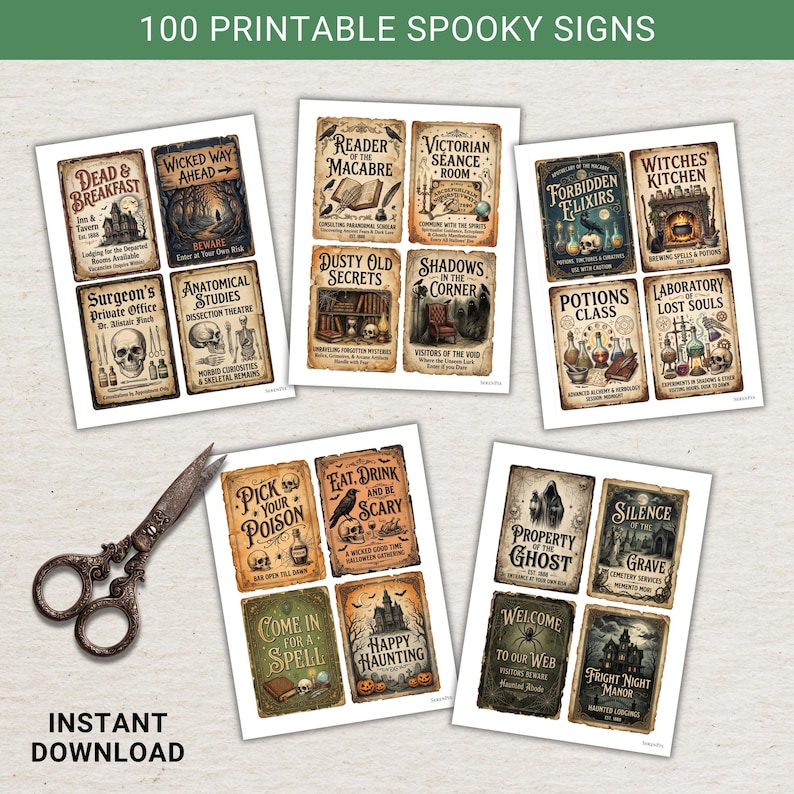 Pu&ograve; includere: Una collezione di cartelli spettrali stampabili con illustrazioni in stile vintage e testi come Dead & Breakfast, Witches Kitchen e Potions Class. Il set include diverse carte rettangolari con texture di carta invecchiata e immagini scure.