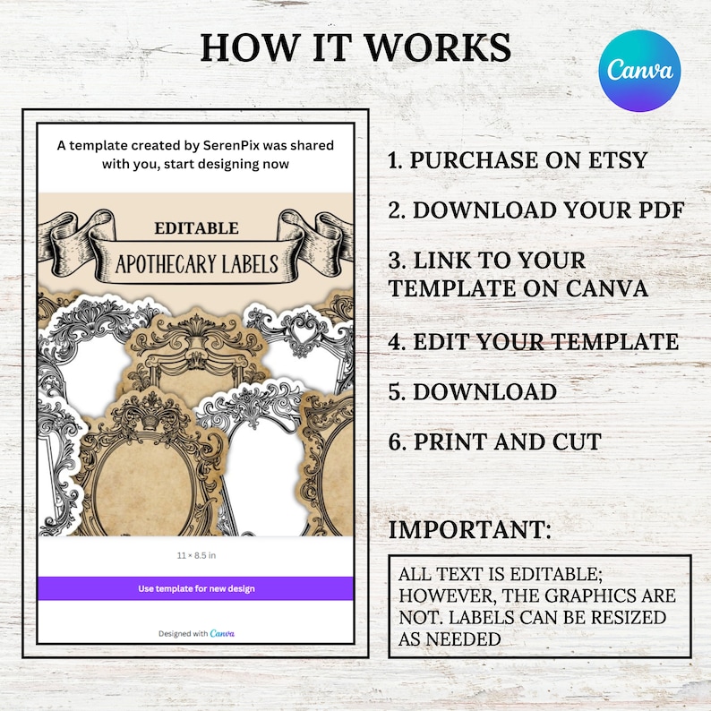May include: Editable apothecary labels template with ornate frames in black and brown on a beige background. The template is 11 inches by 8.5 inches and can be used for new designs. The text on the template is editable, but the graphics are not. The labels can be resized as needed.