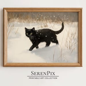Vintage Black Cat in Snowy Field, Cozy Christmas Decor, Christmas Art Print, Rustic Christmas Art, Winter Wall Decor, Digital Download