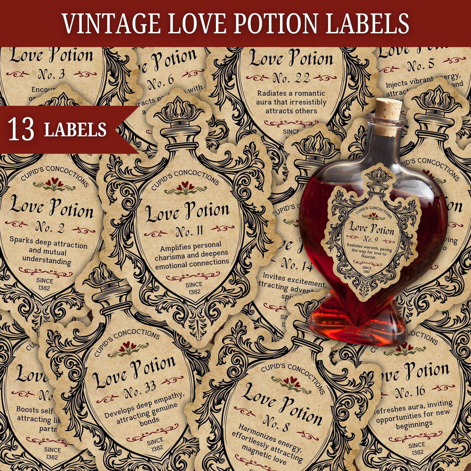 Spell Label Love Potion Labels: Vintage Apothecary Stickers for Valentine's Day ...