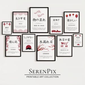 Set of 10 Kanji Definitions Wall Art, Japanese Print Set, Oriental Wall Art, Asian Printable Art, Zen Art, Definition Posters, Digital