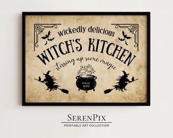 Sztuka vintage z okazji Halloween w kuchni czarownicy: upiorna dekoracja ścienna (sztuka cyfrowa)