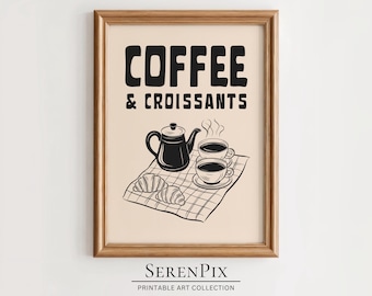 Coffee and Croissant Print: Retro Kitchen Art (Digital Download)