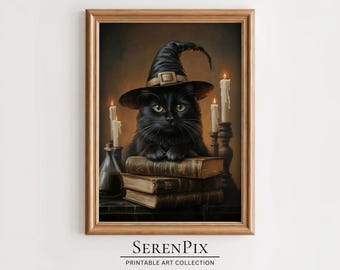 Black Cat Witch Hat Art Print: Vintage Halloween Decor (Digital)