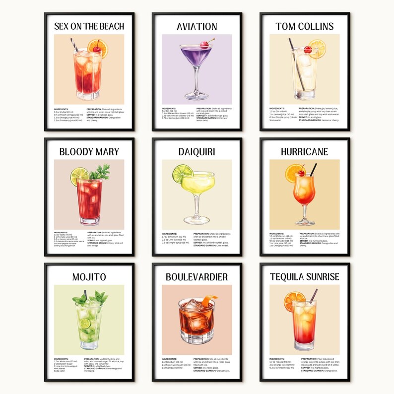 Cocktail Prints Bundle, Trendy Bar Cart Decor, 25 Classic Drink Recipes (Digital Download) image 3