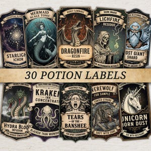 May include: A collection of 30 potion labels with fantasy-themed illustrations. Each label features unique artwork and text, including a mermaid, dragon, and werewolf. The labels are designed with a vintage aesthetic, perfect for crafting or themed projects.