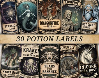 Potion Labels: Vintage Apothecary, Alchemical Halloween Decor, Wizard Party (Digital Download)