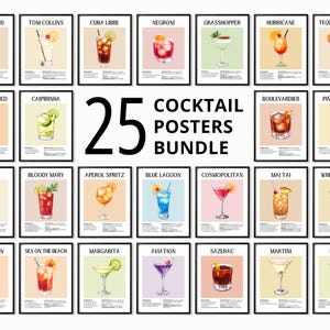 A digital collection of 25 colorful cocktail posters. Each print features a realistic illustration of a specific drink on a soft background, listed with its ingredients and preparation steps. The bundle includes popular recipes like Aperol Spritz, Negroni, Margarita, Mojito, Old Fashioned, Martini, Cosmopolitan, Espresso Martini, and Whiskey Sour. Perfect for bar cart decoration, kitchen wall art, and mixology lovers looking for trendy, aesthetic drink recipes.