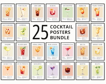 Cocktail Prints Bundle, Trendy Bar Cart Decor, 25 Classic Drink Recipes (Digital Download)