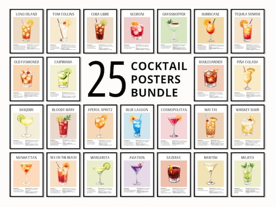 Cocktail Prints Bundle, Trendy Bar Cart Decor, 25 Classic Drink Recipes (Digital Download)