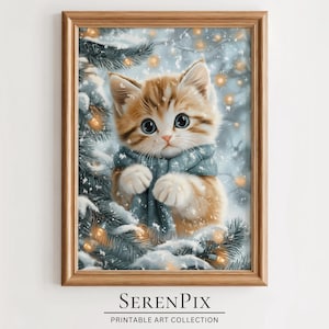 Adorable Christmas Cat Wall Art, Kitten Decor, Cozy Christmas Decor, Winter Wall Decor, Holiday Decor, Cat Lover Gift, Digital Download