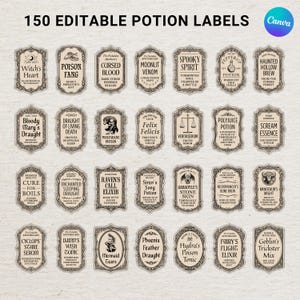 May include: A collection of 150 editable potion labels with ornate frames and vintage fonts. Each label features a unique name like "Witch's Heart" or "Felix Felicis". The labels are designed for a spooky or fantasy theme.