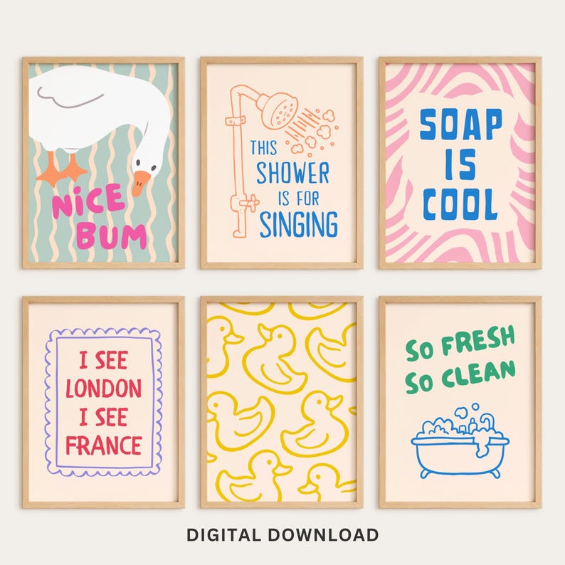 Funny Bathroom Prints Set of 10, Eclectic Gallery Wall Set, Dopamine ...