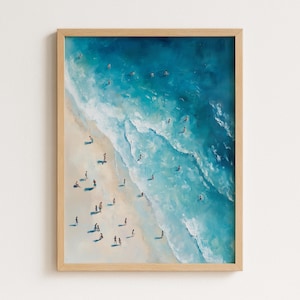 Impresión de personas diminutas nadando en el océano / Arte mural playero de verano / Descarga digital costera / Decoración minimalista para casa de playa / Póster del océano