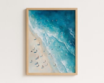 Impression d'une vue aérienne de la plage : de minuscules personnes nageant - oeuvres d'art côtières d'été (téléchargement numérique
