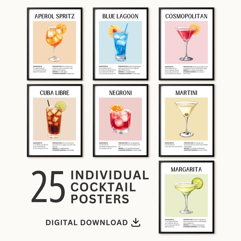 Cocktail Prints Bundle, Trendy Bar Cart Decor, 25 Classic Drink Recipes (Digital Download) image 2