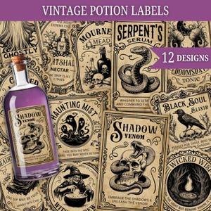 Étiquettes pour potions, lot d'autocollants d'apothicaire vintage pour Halloween et fêtes de sorciers, étiquettes de pots imprimables, décoration de sorcière et fournitures d'anniversaire magiques