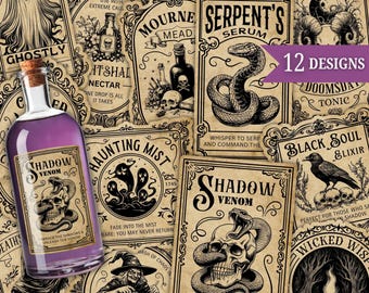 Tranketiketten: Vintage Apotheker Aufkleber für Halloween & Zaubererpartys (Digitaler Download)