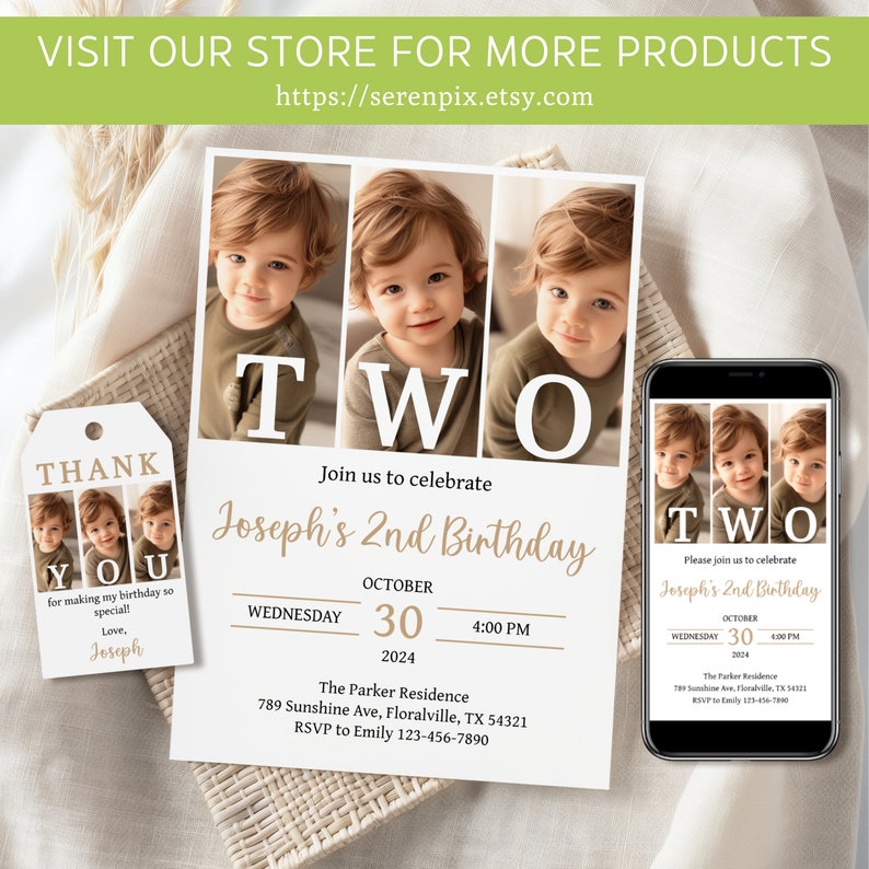May include: A white invitation with gold text for a child's second birthday party. The invitation features a photo of a young boy and the text "TWO" in large white letters. The invitation includes the date, time, and location of the party. The invitation also includes a thank you tag with a photo of the boy and the text "THANK YOU".