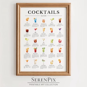 Póster de cócteles clásicos, guía de cócteles para una decoración moderna de cocina y bar, ideal para cócteles y carritos de bar, mixología.