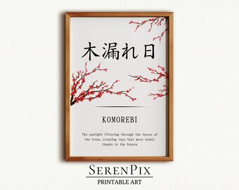 Komorebi Kanji Definition Wall Art, Japanese Kanji, Kanji Calligraphy, Motivational Wall Decor, Digital Prints