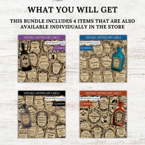 May include: Four sets of 15 editable apothecary labels in a vintage style with a black and white design. The labels feature various potion names and illustrations. The text on the labels reads "Edit all text in Canva".