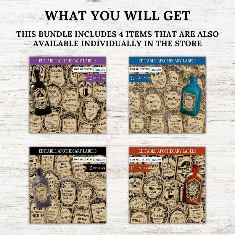 May include: Four sets of 15 editable apothecary labels in a vintage style with a black and white design. The labels feature various potion names and illustrations. The text on the labels reads "Edit all text in Canva".