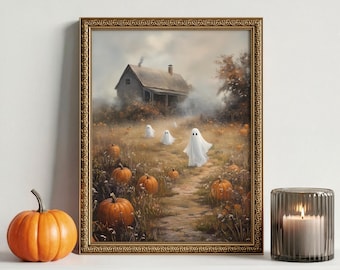 かぼちゃ畑のハロウィンゴーストのプリント、コテージコア風デコレーション、不気味なゴーストの絵画、秋のファームハウスアート（デジタルダウンロード）