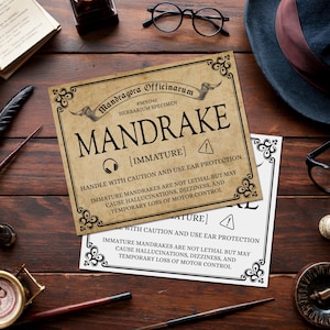 Afdrukbaar mandrake-etiket, Halloween-decor, tovenaarsfeestdecoratie, vintage apothekersetiketten, heksenapotheker, verjaardagsdecor, kruidenetiketten