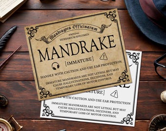 Printable Mandrake Label, Halloween Decor, Wizard Party Decoration, Vintage Apothecary Labels, Witch Apothecary, Birthday Decor, Herb Labels