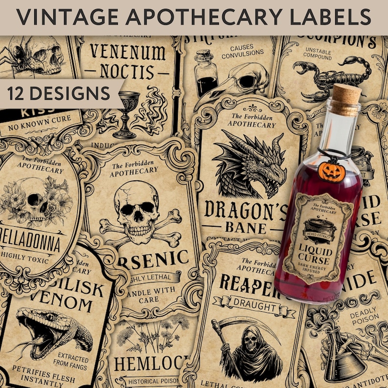 Set of 12 printable vintage apothecary labels for Halloween potion bottles and dark academia crafts. Detailed black ink sketches on aged parchment paper backgrounds featuring macabre designs like human skulls, crossbones, a realistic dragon, grim reaper, coiled venomous snake, scorpion, old poison chalice, deadly hemlock flowers, and chemical flasks. Titles include Arsenic, Cyanide, Belladonna, Basilisk Venom, and Liquid Curse with gothic borders. Digital download stickers for goth scrapbook.