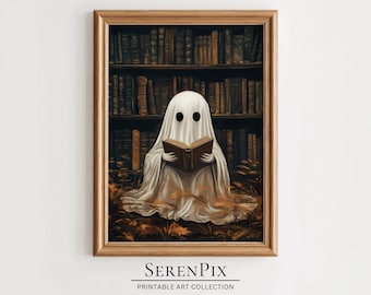 Ghost Reading Art Print: Spooky Halloween Cottagecore Decor (Digital Download)