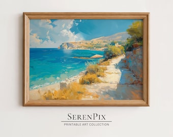 Vintage Mediterranean Coastal Oil Painting: Beach Seascape Art (Digital Download)