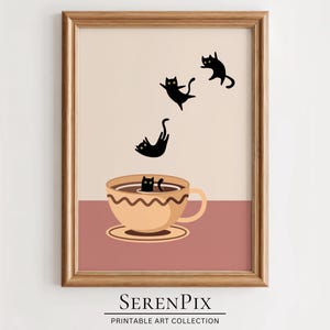 Divertente stampa murale di caffè con gatto, stampa minimalista di caffè, stampa di decorazioni per la cucina, poster di caffè espresso, regalo per gli amanti del caffè, regalo per gli amanti dei gatti, arte per la decorazione della casa